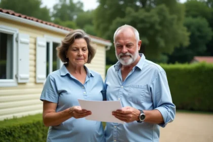 Couple examinant un contrat devant un mobil home dans un parc résidentiel de loisirs