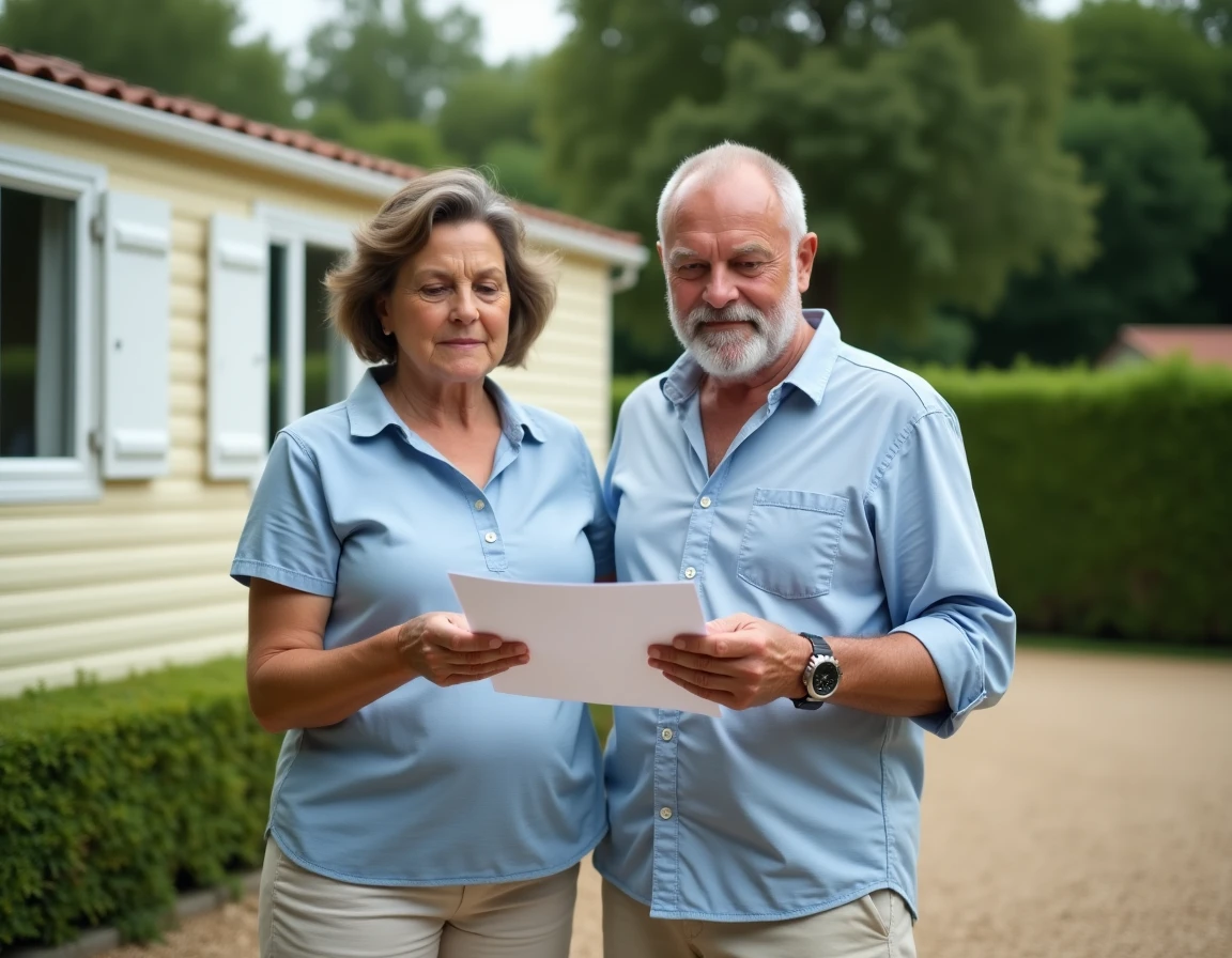 Couple examinant un contrat devant un mobil home dans un parc résidentiel de loisirs