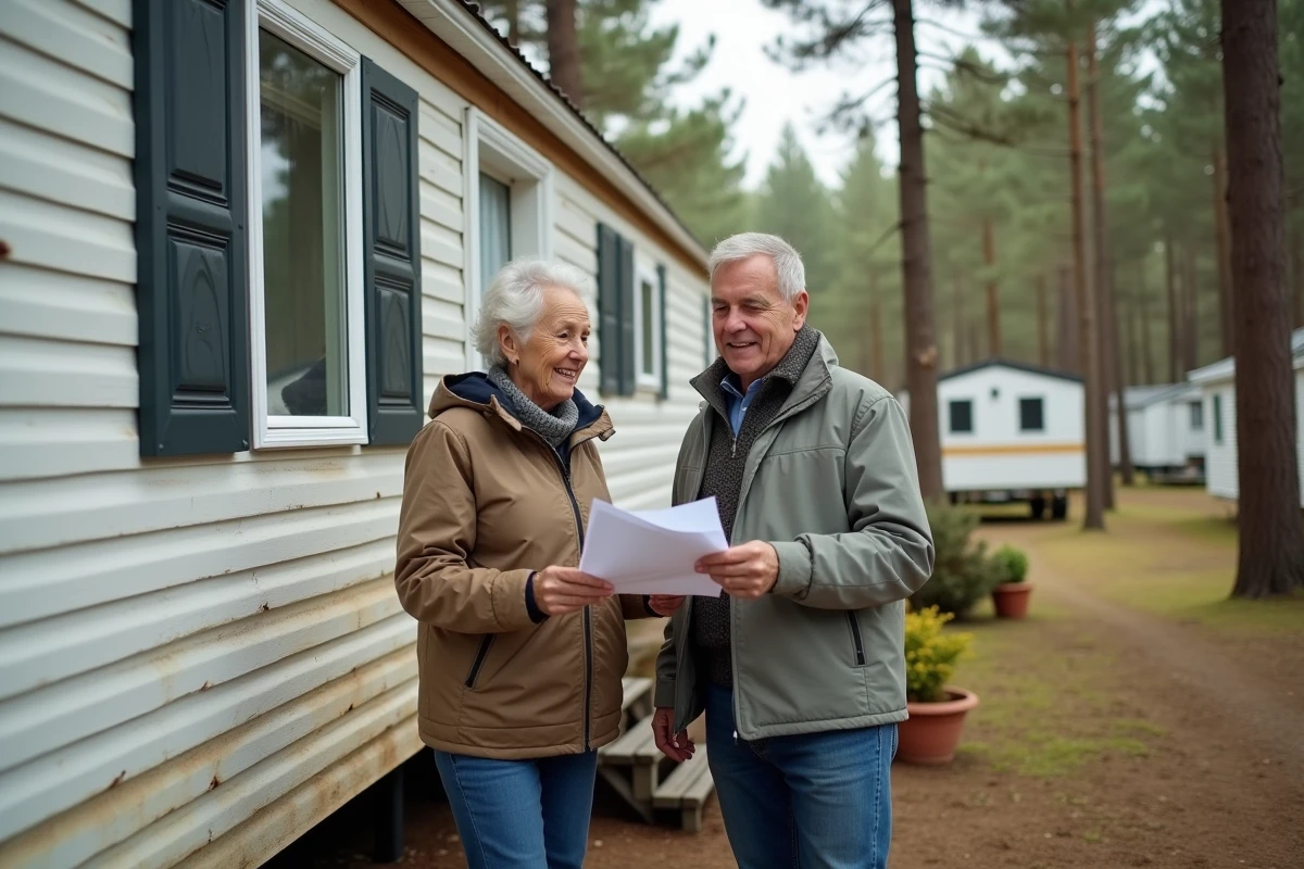 Couple examinant un mobil-home d'occasion à vendre dans un camping ouvert à l'année entouré de pins