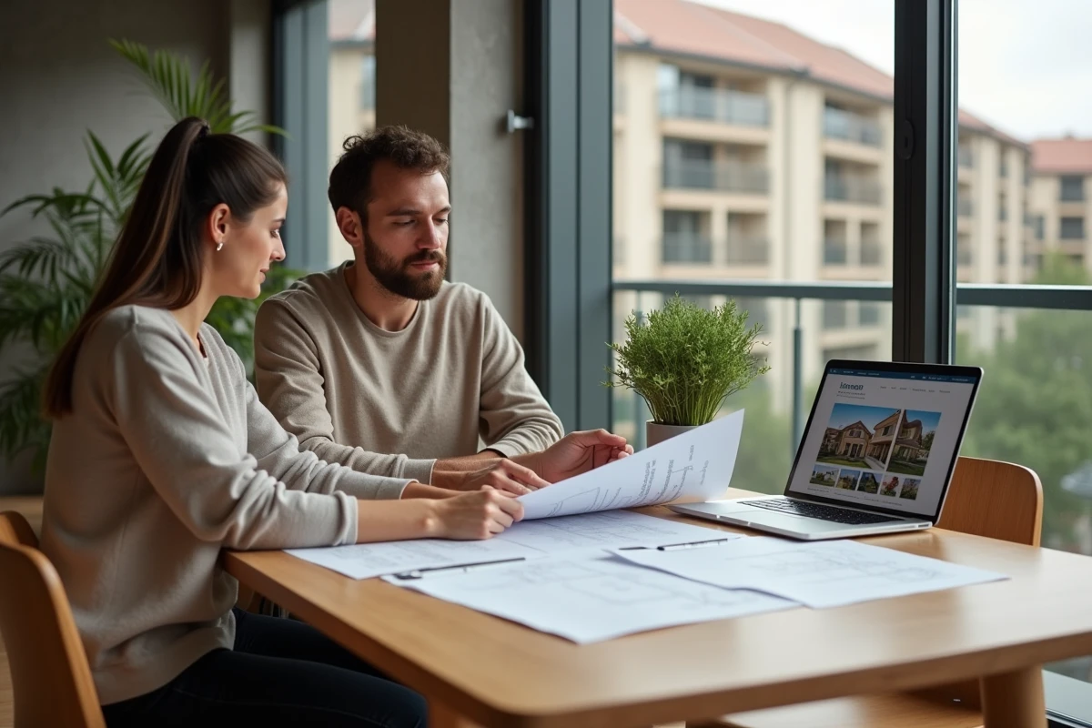 Couple étudiant un dossier de prêt immobilier sur 25 ans pour un appartement neuf