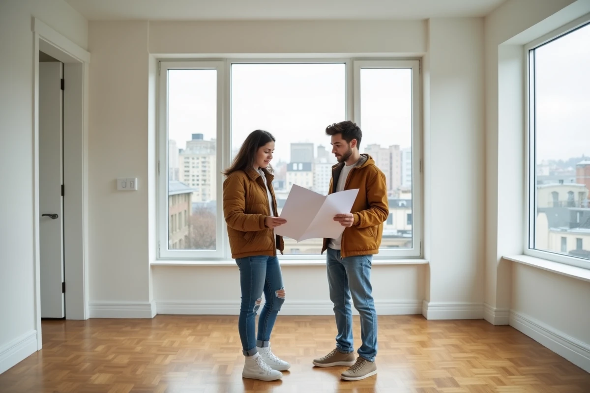 Couple de jeunes locataires visitant un appartement vide en zone tendue en France