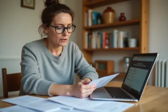 Propriétaire femme examinant des documents de déclaration de loyer CAF sur une table en bois avec un ordinateur portable ouvert