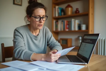 Propriétaire femme examinant des documents de déclaration de loyer CAF sur une table en bois avec un ordinateur portable ouvert