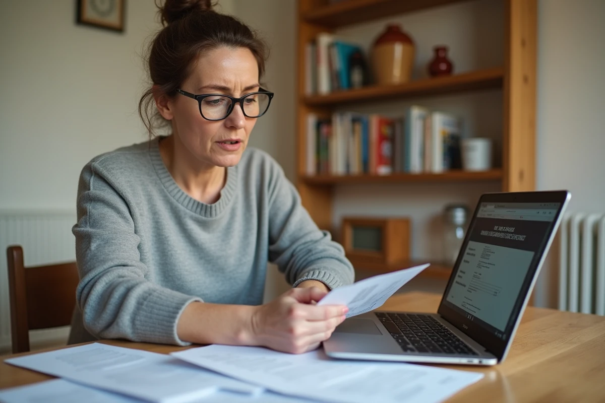 Propriétaire femme examinant des documents de déclaration de loyer CAF sur une table en bois avec un ordinateur portable ouvert