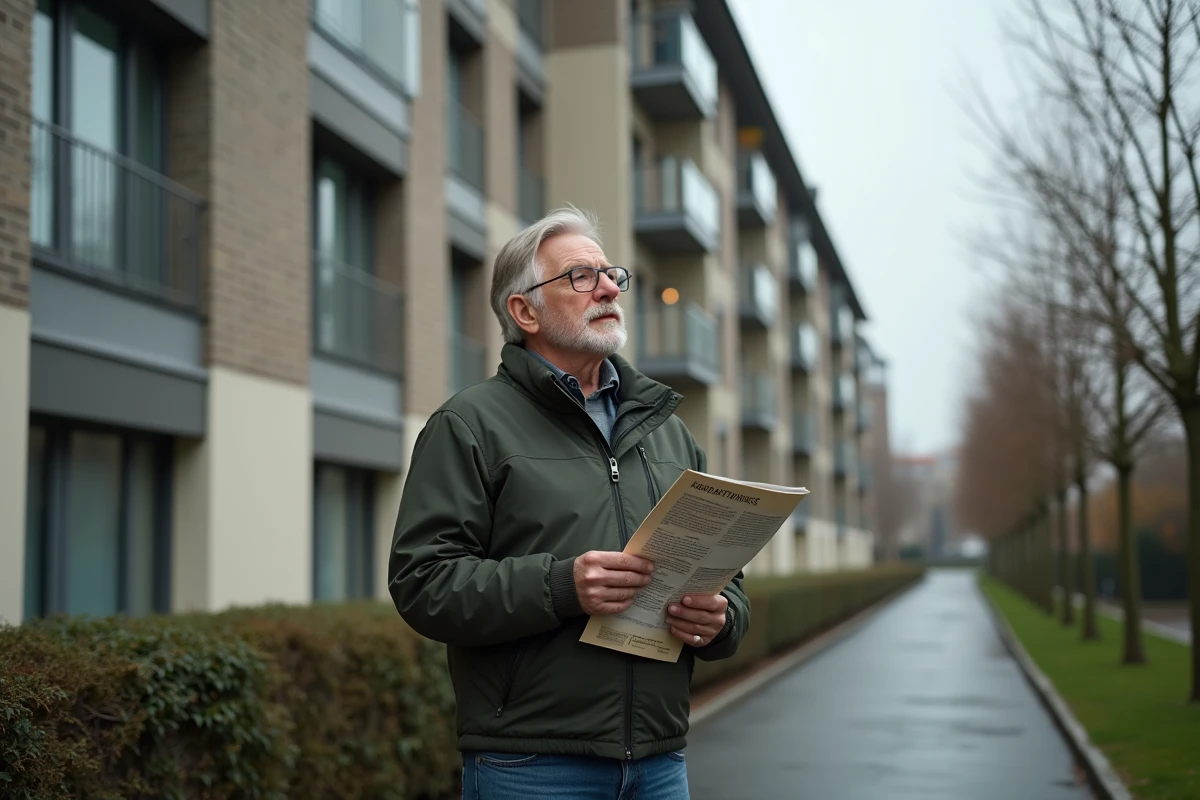 Homme consultant une brochure de demande de logement social devant un immeuble HLM