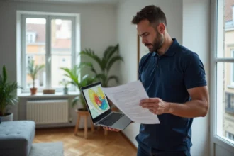 Diagnostiqueur immobilier consultant une carte ERRIAL géorisques sur ordinateur portable avec rapport papier en main dans un appartement moderne