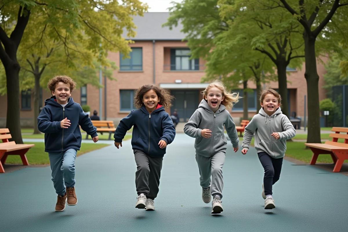 Enfants jouant dans un parc public du quartier de Metz avec structure de jeux et école en arrière-plan