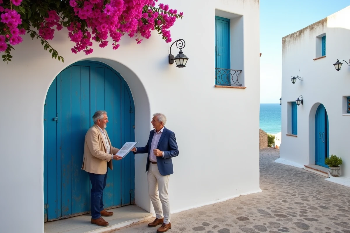 Façade blanche d'une villa de location de luxe à Essaouira avec porte en bois bleue traditionnelle et vue sur l'océan au bout de la ruelle