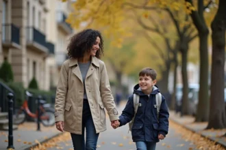 Mère et enfant se promenant dans un quartier résidentiel de Metz avec façades en pierre lorraine en arrière-plan