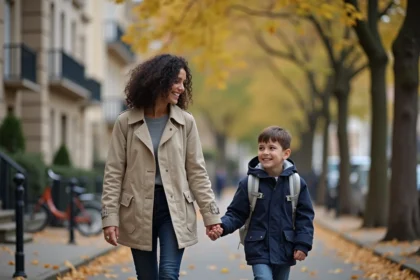 Mère et enfant se promenant dans un quartier résidentiel de Metz avec façades en pierre lorraine en arrière-plan