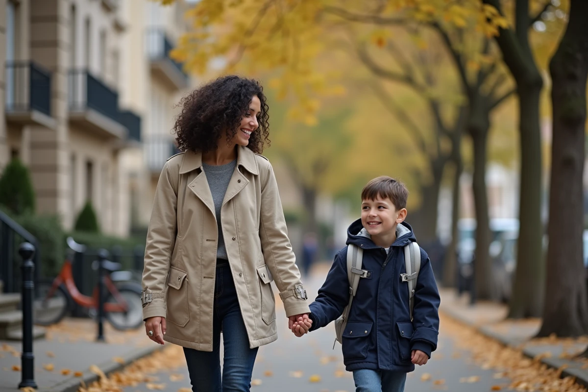 Mère et enfant se promenant dans un quartier résidentiel de Metz avec façades en pierre lorraine en arrière-plan