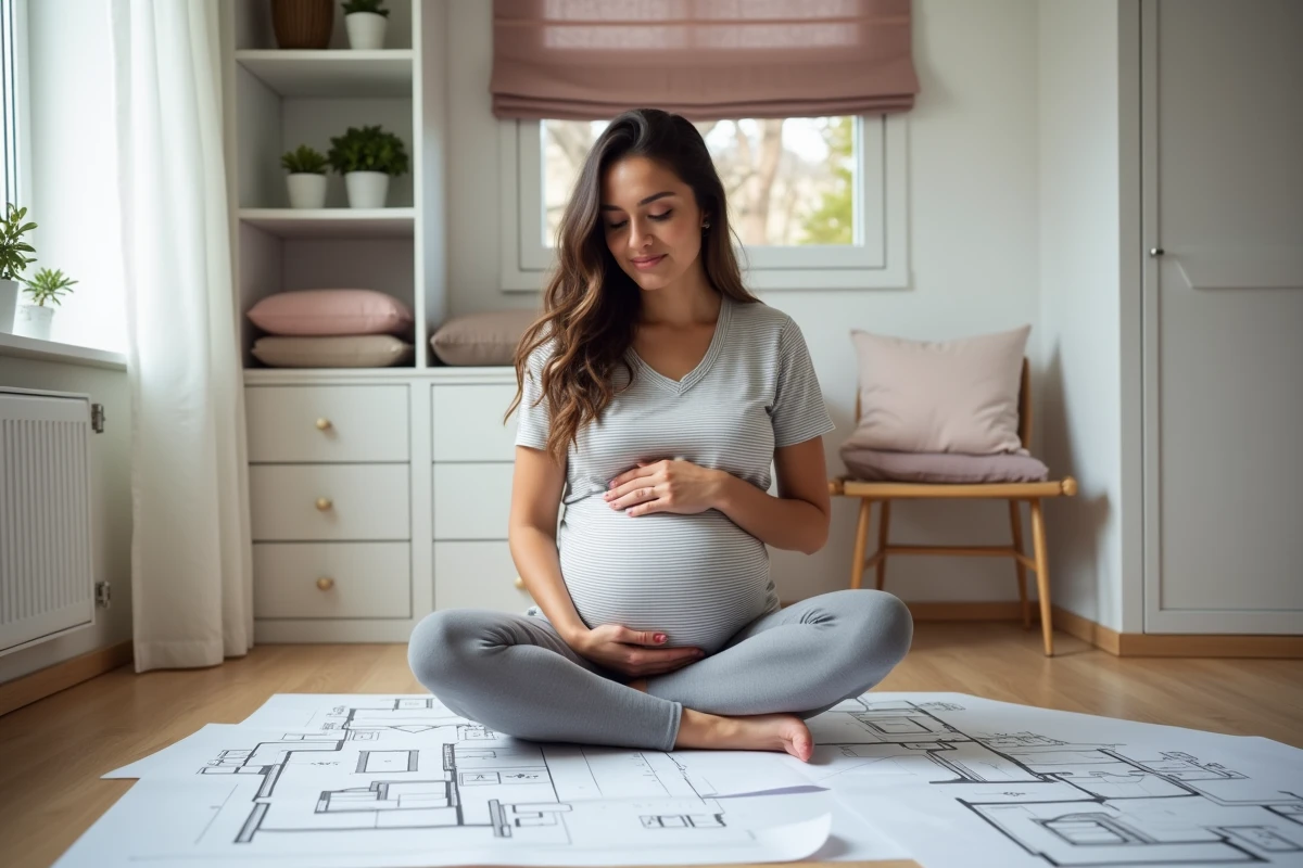 Femme enceinte assise sur le parquet d'une petite chambre dans un T3, consultant des plans d'aménagement pour préparer l'arrivée de son bébé
