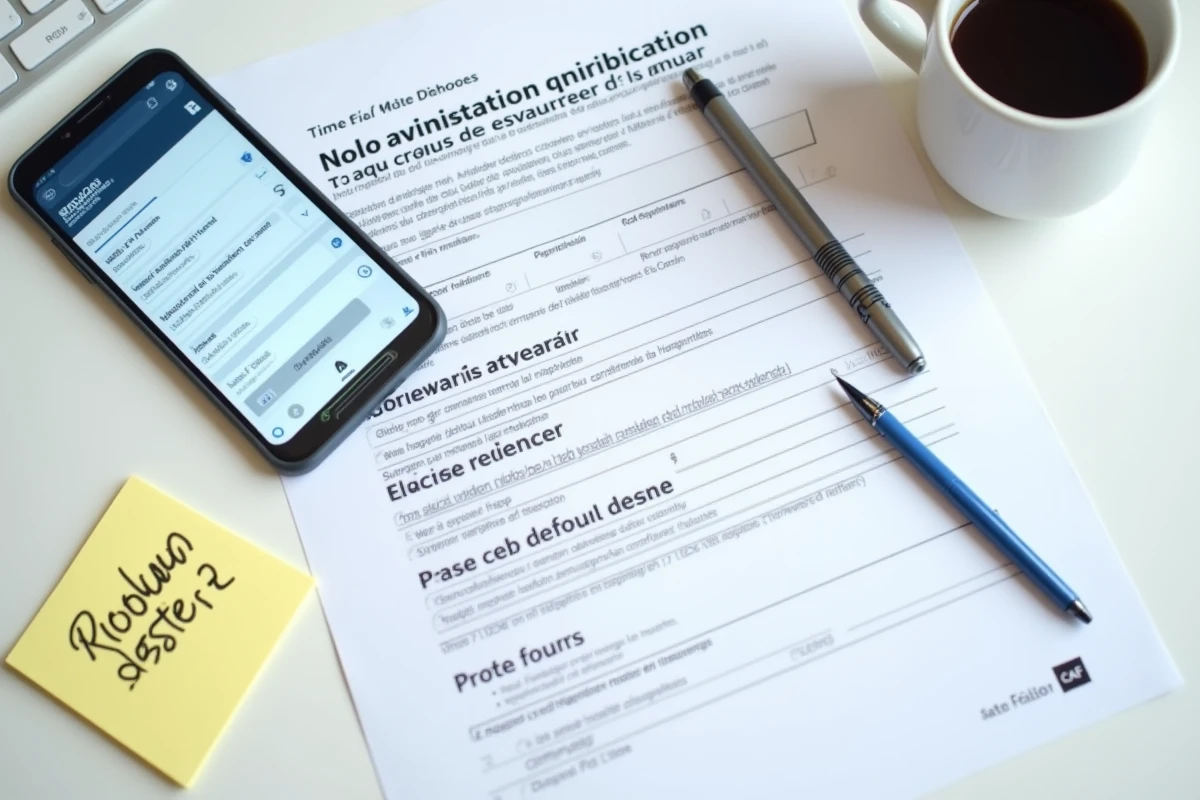 Vue de dessus d'un formulaire de déclaration de loyer CAF avec stylo, smartphone et notes manuscrites sur un bureau blanc