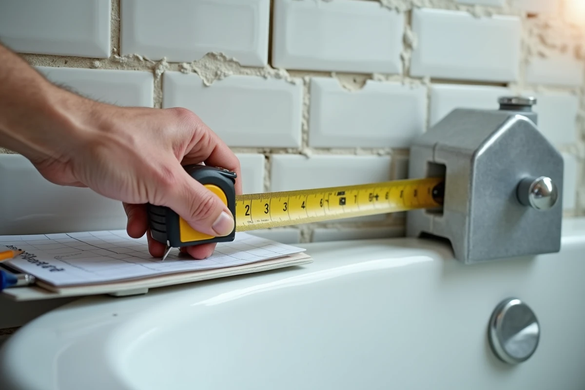 Gros plan sur un mètre ruban mesurant un mur de salle de bain pour le calcul de surface en m2