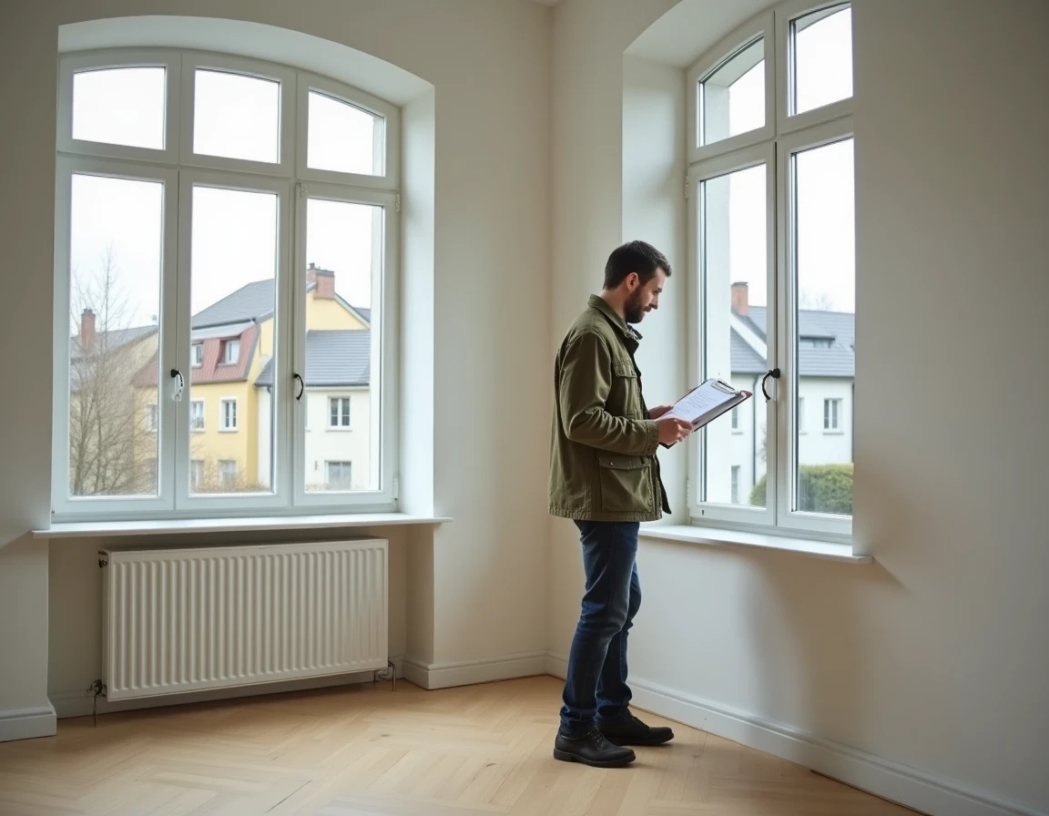 Acheteur inspectant un appartement vide en Suède avec liste de vérification lors d'une visite immobilière