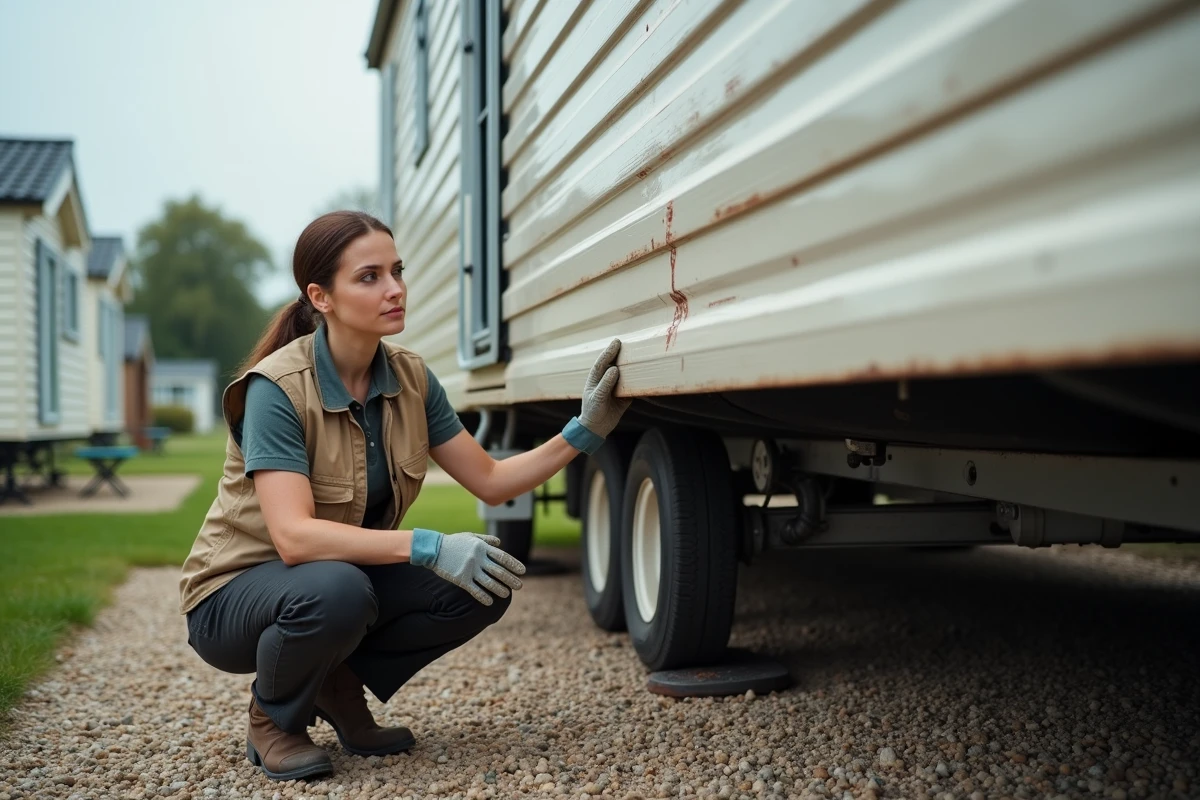 Experte inspectant la structure et le châssis d'un mobil-home d'occasion dans un camping résidentiel