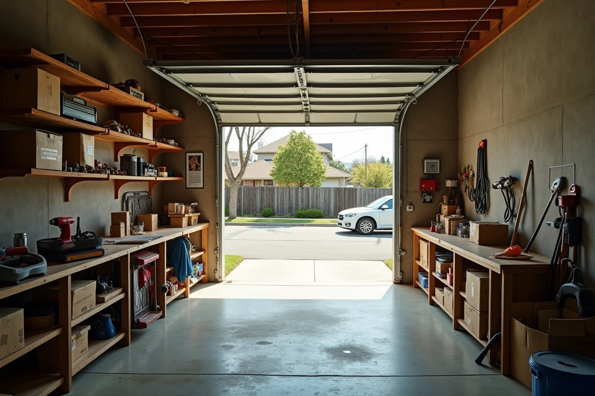 Intérieur d'un garage résidentiel utilisé comme espace de rangement et atelier, illustrant les différentes définitions et usages d'un garage