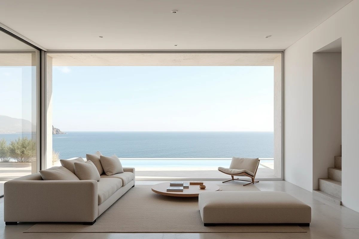 Intérieur moderne d'une maison avec vue panoramique sur la mer Méditerranée dans le sud de la France