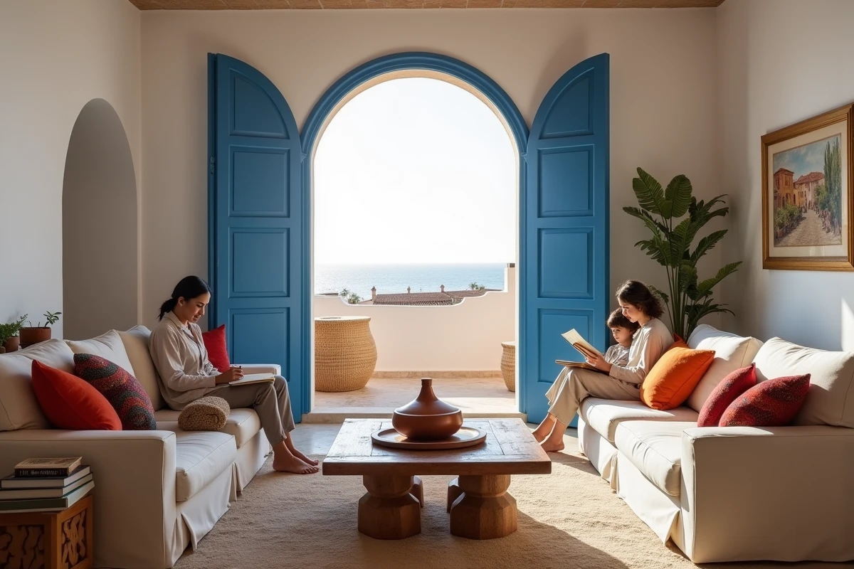 Famille en séjour dans une maison de location en bord de mer à Essaouira avec vue sur l'Atlantique et décoration marocaine traditionnelle