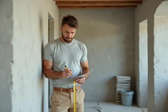 Homme mesurant la surface d'un mur avec un mètre ruban avant la pose de carrelage