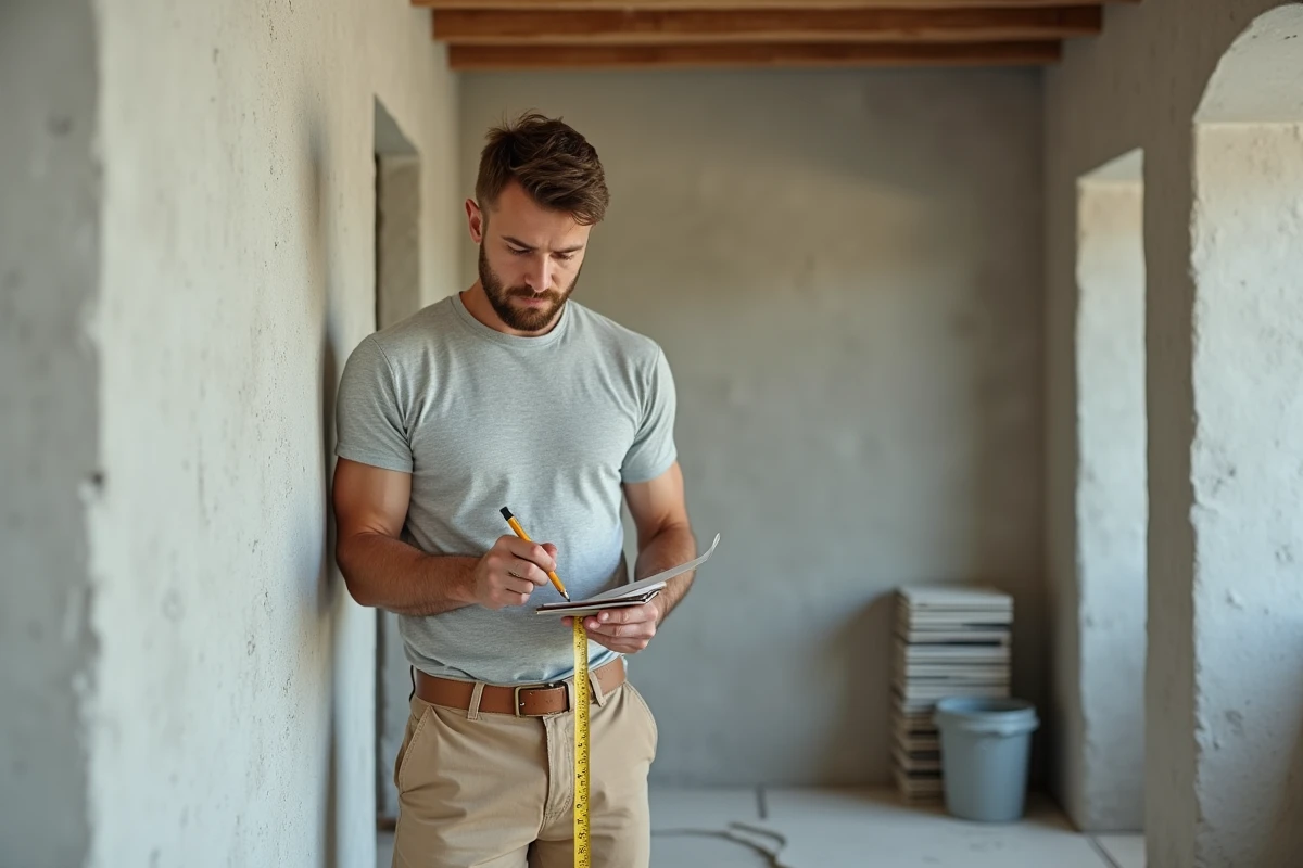 Homme mesurant la surface d'un mur avec un mètre ruban avant la pose de carrelage