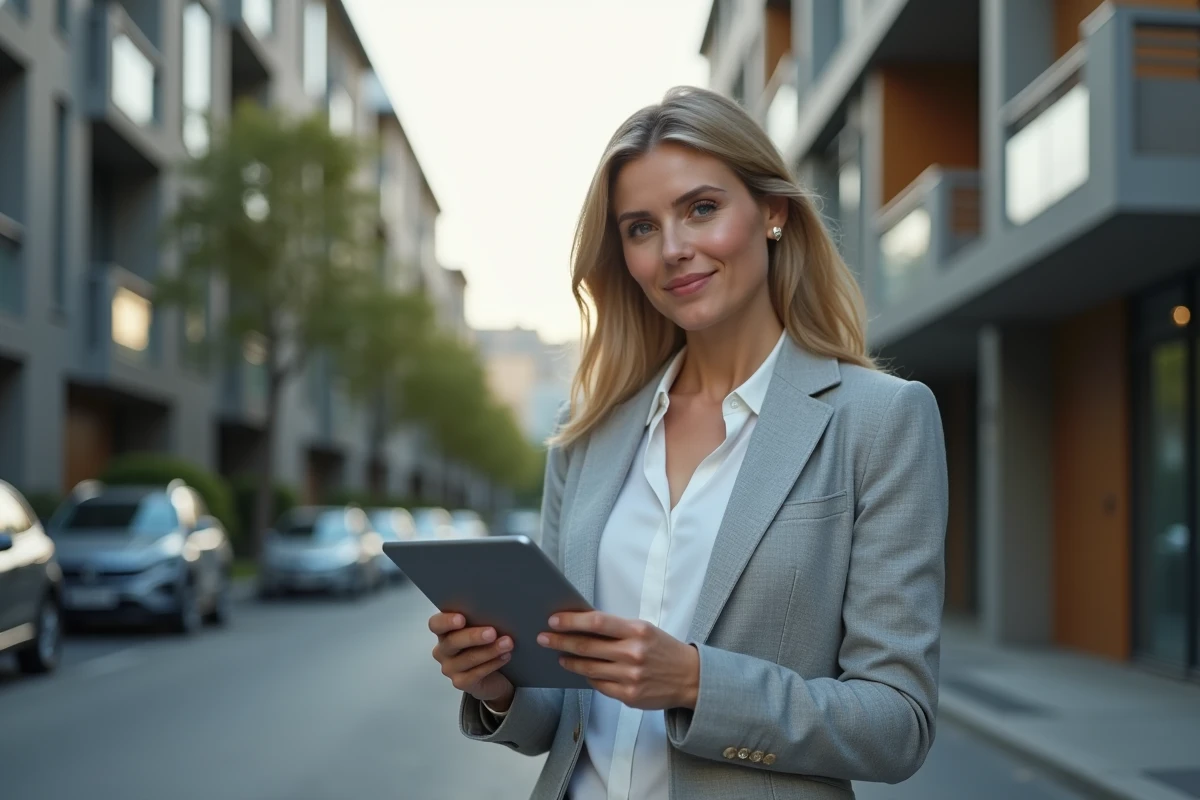 Propriétaire bailleuse devant un immeuble locatif consultant un simulateur de rentabilité sur tablette
