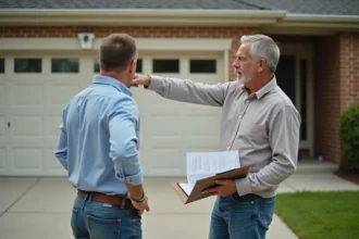 Propriétaire inspectant son garage attenant avec des documents, illustrant les erreurs courantes de définition d'un garage en immobilier
