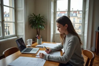 Femme consultant des annonces de location à Paris dans un appartement haussmannien, stratégie de recherche de logement