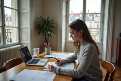 Femme consultant des annonces de location à Paris dans un appartement haussmannien, stratégie de recherche de logement