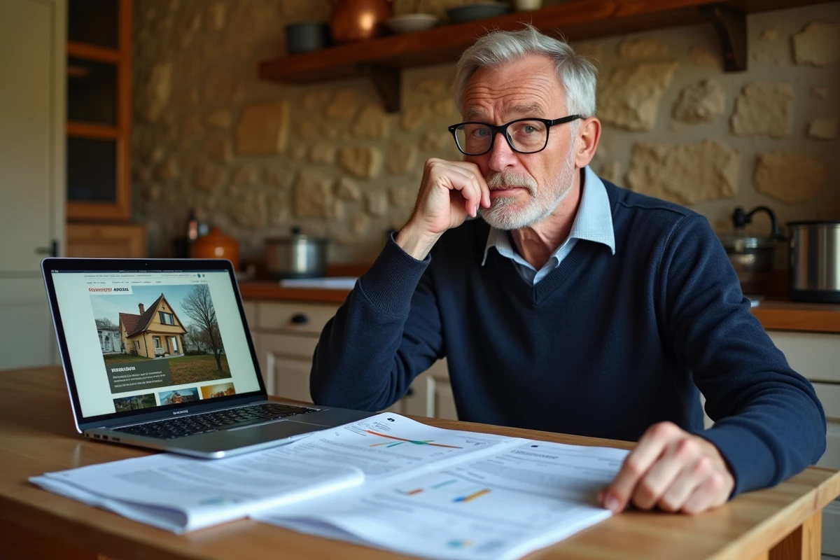 Propriétaire vendeur examinant un rapport DPE sur une table en bois dans une maison ancienne en pierre