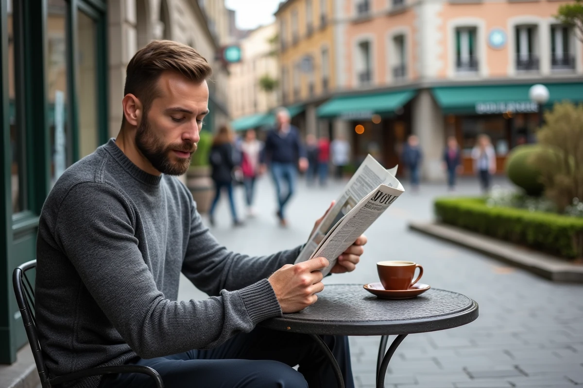 Homme attablé en terrasse de café dans un quartier animé de Metz avec commerces de proximité et familles en arrière-plan