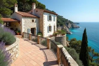 Villa provençale avec vue sur mer à vendre dans le sud de la France, terrasse en pierre et végétation méditerranéenne