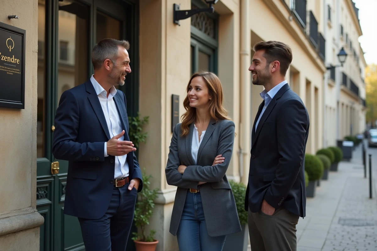 Agent immobilier présentant un appartement à vendre à un couple de primo-accédants devant une résidence de Nogent-sur-Marne