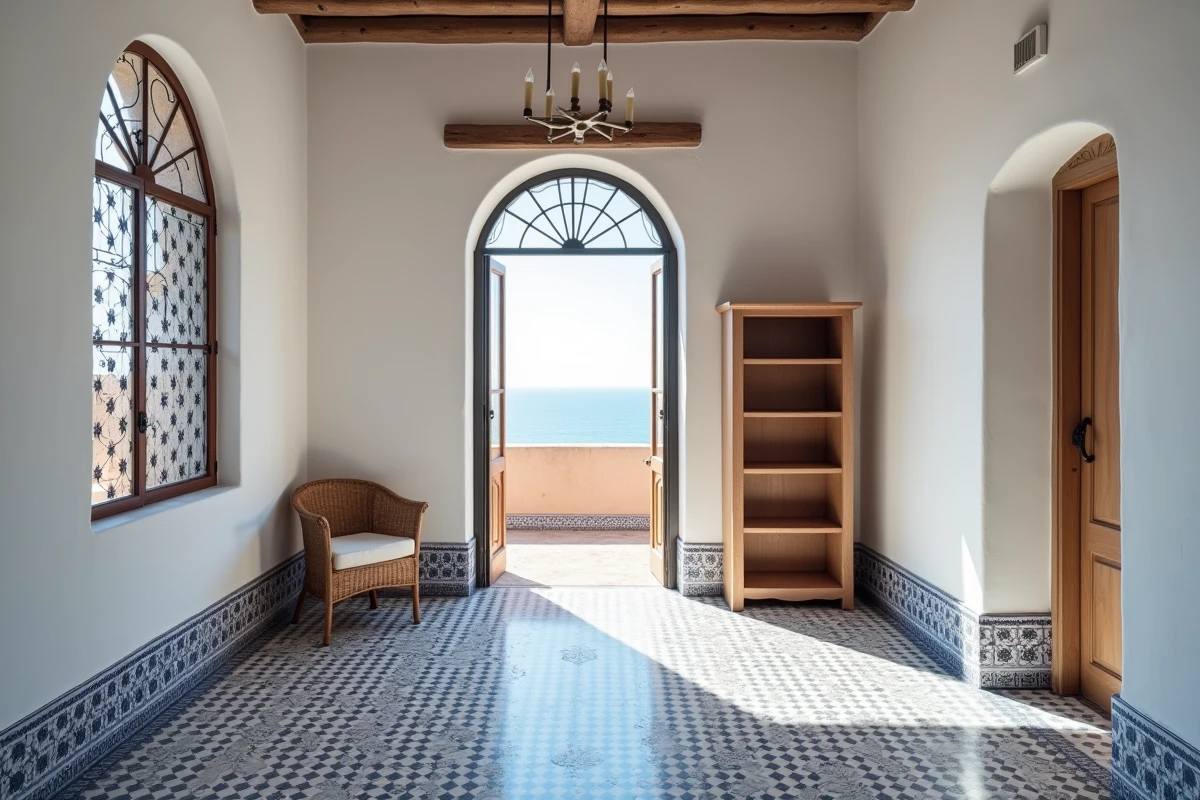 Intérieur d'un appartement de location longue durée dans la médina d'Essaouira avec carrelage zellige et vue sur la ruelle