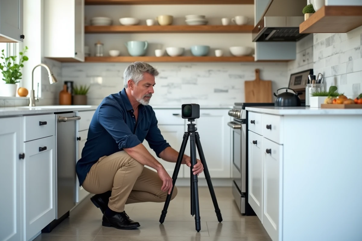 Agent immobilier installant une caméra 360 sur trépied dans une cuisine blanche pour une visite virtuelle professionnelle