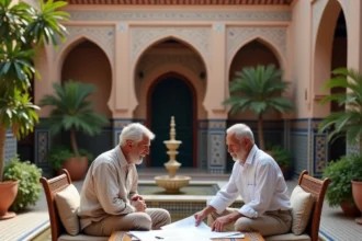 Couple de retraités examinant des plans dans la cour intérieure d'un riad marocain traditionnel avec fontaine en zellige et orangers
