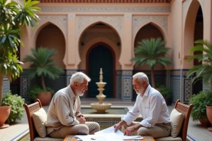 Couple de retraités examinant des plans dans la cour intérieure d'un riad marocain traditionnel avec fontaine en zellige et orangers