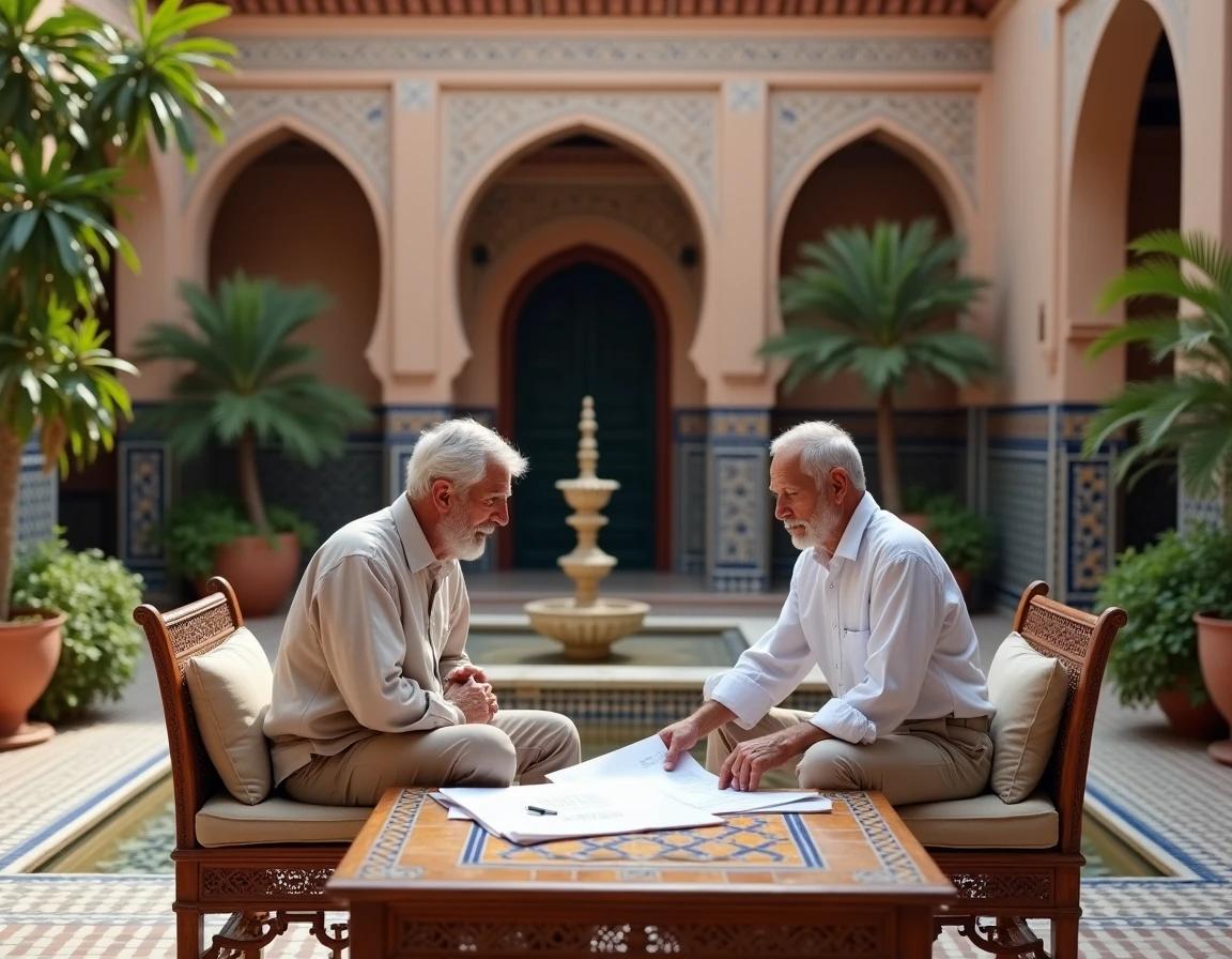 Couple de retraités examinant des plans dans la cour intérieure d'un riad marocain traditionnel avec fontaine en zellige et orangers