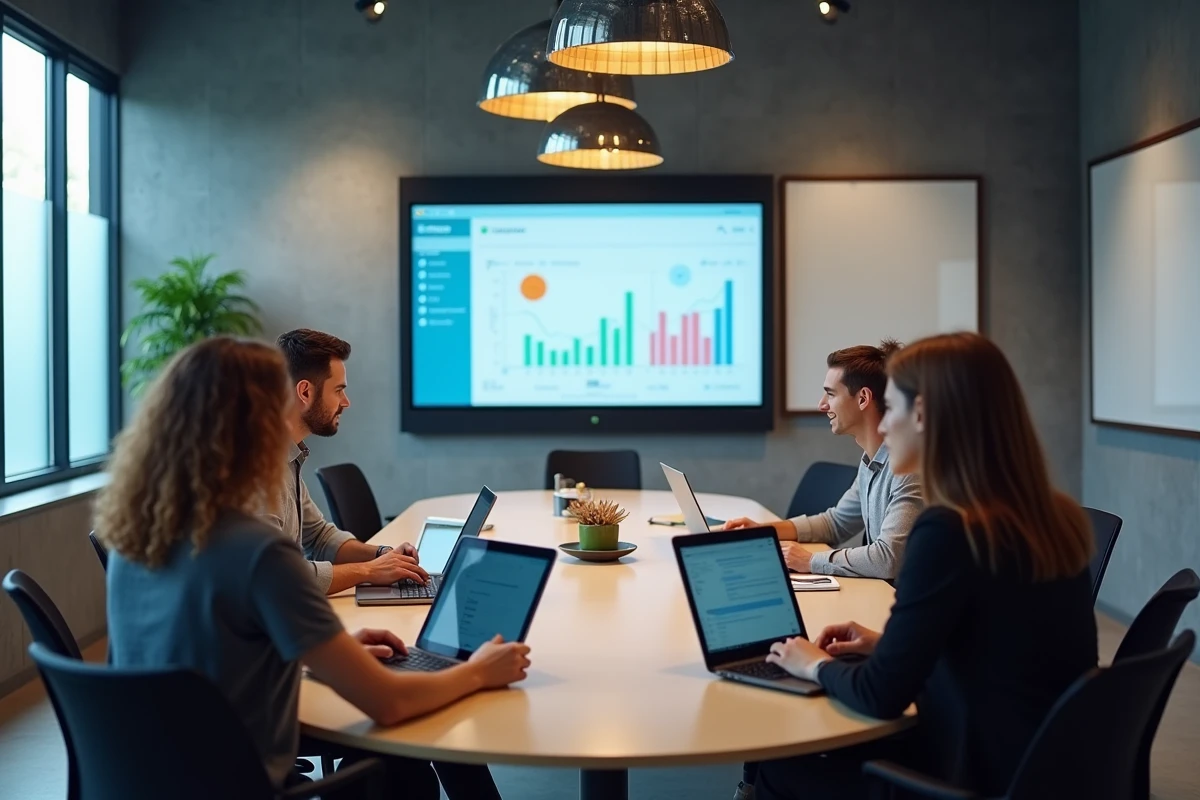 Équipe de managers collaborant autour de l'intranet IAD pour piloter les performances en temps réel en salle de réunion