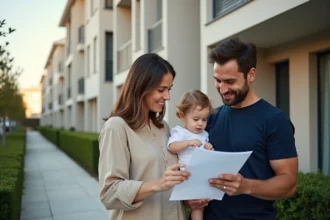 Famille avec jeune enfant devant un immeuble moderne à Toulouse, consultant un contrat de location PSLA