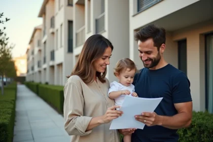 Famille avec jeune enfant devant un immeuble moderne à Toulouse, consultant un contrat de location PSLA