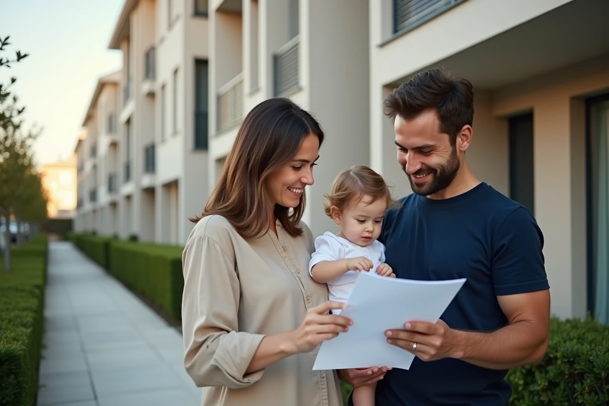 Famille avec jeune enfant devant un immeuble moderne à Toulouse, consultant un contrat de location PSLA
