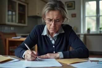 Femme rédigeant une lettre de plainte contre son bailleur social à la table de cuisine, entourée de documents administratifs