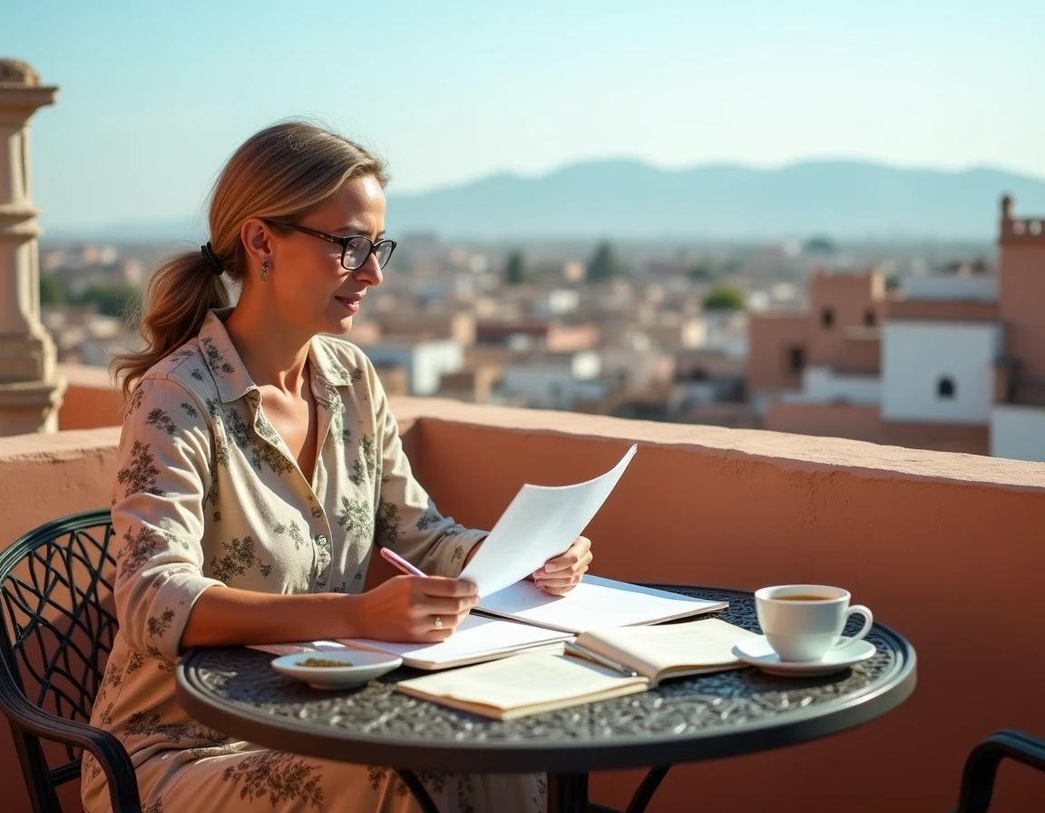 Femme retraitée consultant des documents financiers sur une terrasse de riad avec vue panoramique sur la médina marocaine