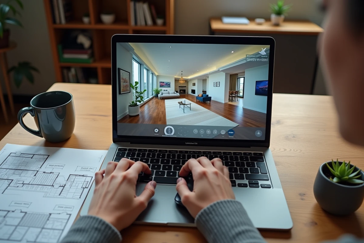 Mains naviguant sur une interface de visite virtuelle 360 sur ordinateur portable posé sur un bureau avec plans de maison