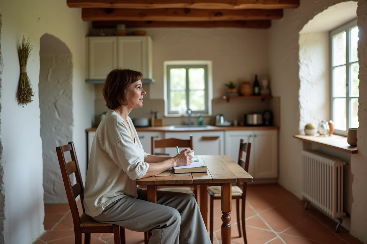 Intérieur rustique d'une petite maison à louer dans le Gers, femme lisant dans une salle à manger en pierre aux poutres apparentes