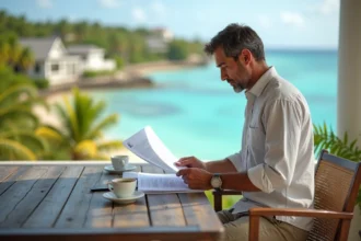 Investisseur immobilier consultant des documents sur une terrasse avec vue sur le lagon de l'île Maurice
