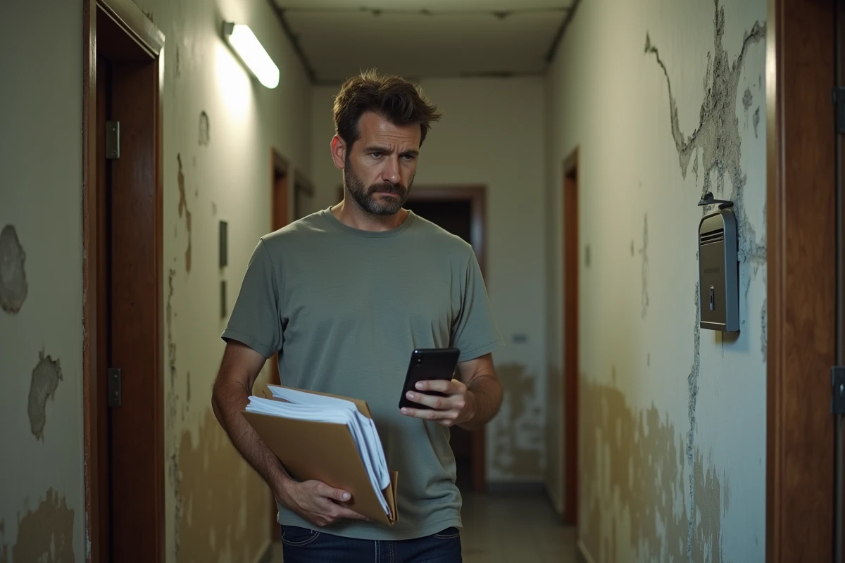 Locataire tenant un dossier de plainte dans le couloir dégradé de son logement social avec murs humides et peinture écaillée