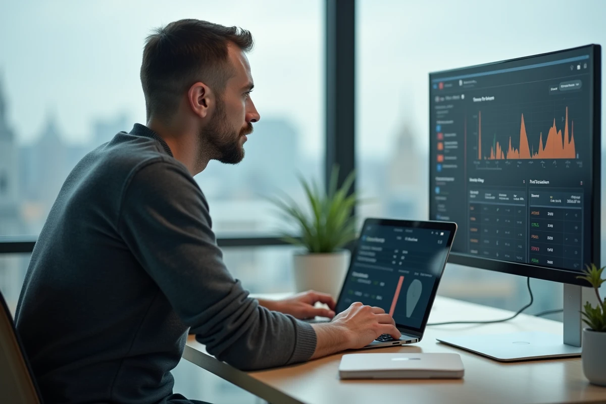 Manager homme analysant les données d'équipe en temps réel sur l'intranet IAD depuis un bureau individuel vitré