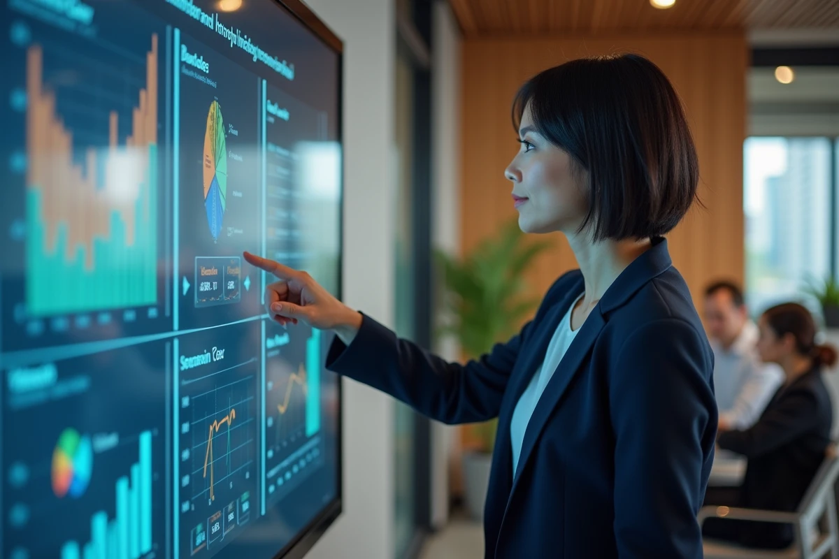Manager femme présentant un tableau de bord intranet IAD en temps réel à son équipe dans un bureau moderne